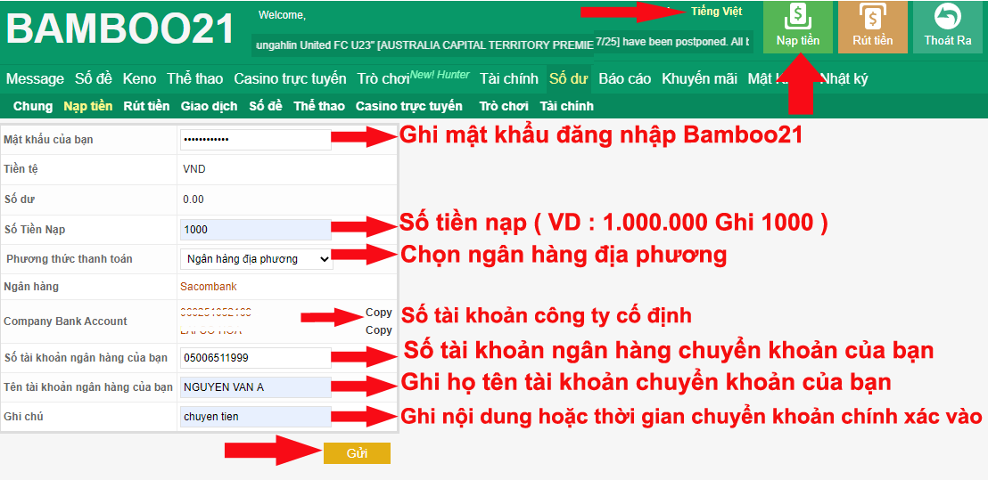 HƯỚNG DẪN NẠP TIỀN BAMBOO21