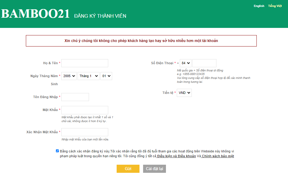 đăng ký nhanh tài khoản bamboo21