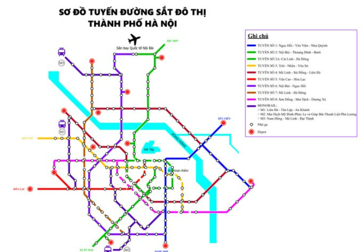 Sơ đồ tuyến đường sắt đô thị Hà Nội theo quy hoạch Giao thông Vận tải đến năm 2030