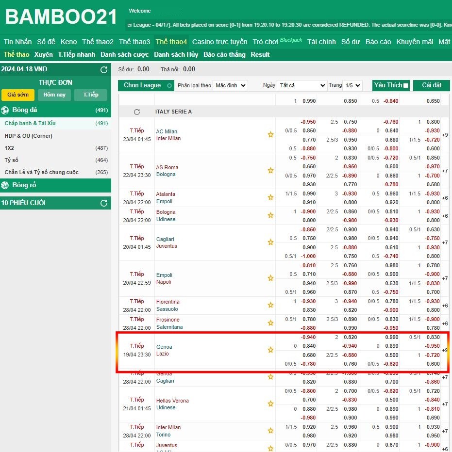 Kèo Lazio vs Genoa Tại nhà cái Bamboo21