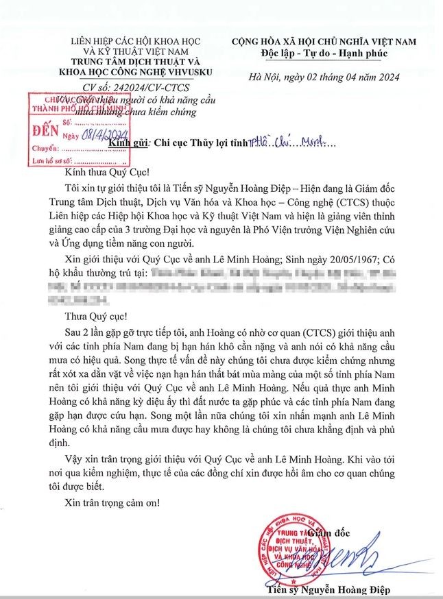 Văn bản TS Nguyễn Hoàng Điệp ký gửi Chi cục Thủy lợi TP.HCM giới thiệu ông Lê Minh Hoàng có khả năng cầu mưa nhưng chưa kiểm chứng