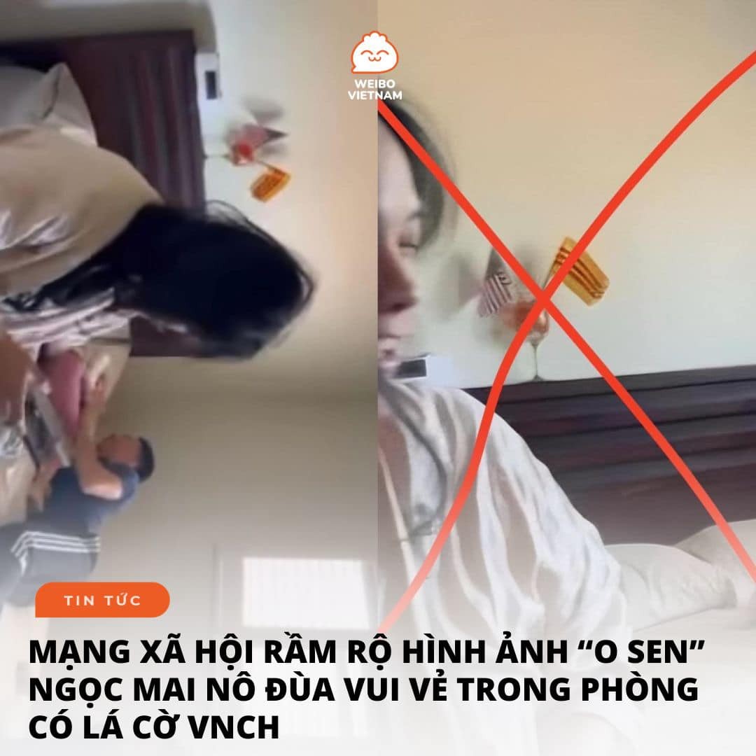 Hình ảnh gia đình O Sen Ngọc Mai vui vẻ , bên cạnh đó là lá cờ 3 sọc 